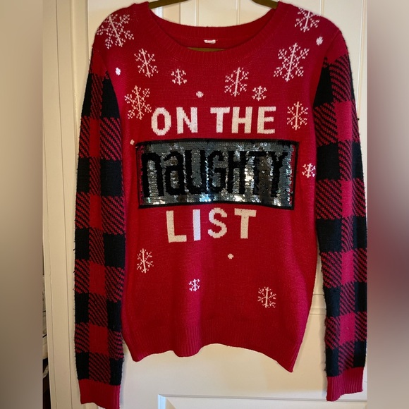 Red Plaid Naughty/Nice Christmas Sweater - Picture 1 of 3